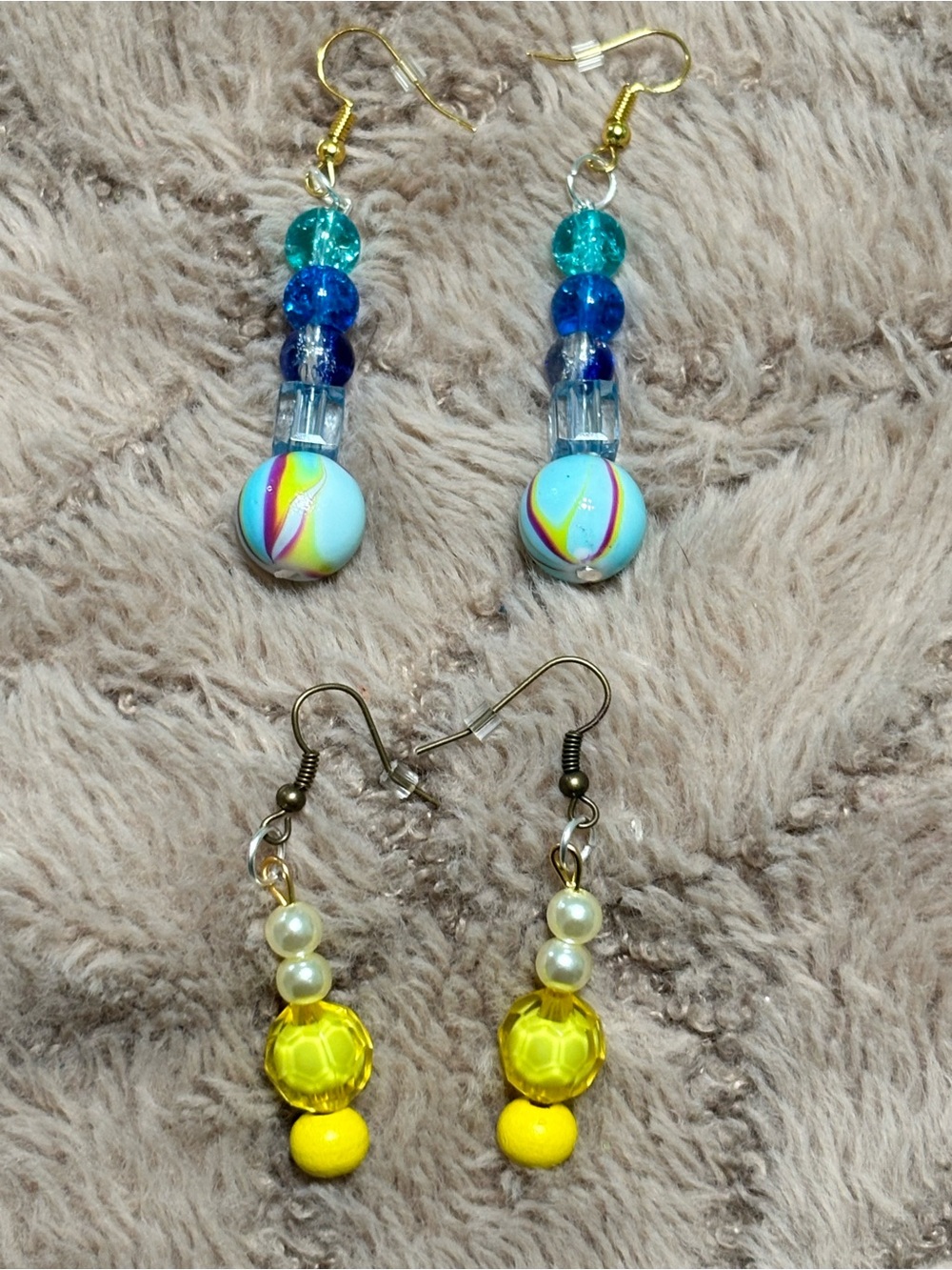 Handmade Blue & Yellow Beaded Dangle Earrings
